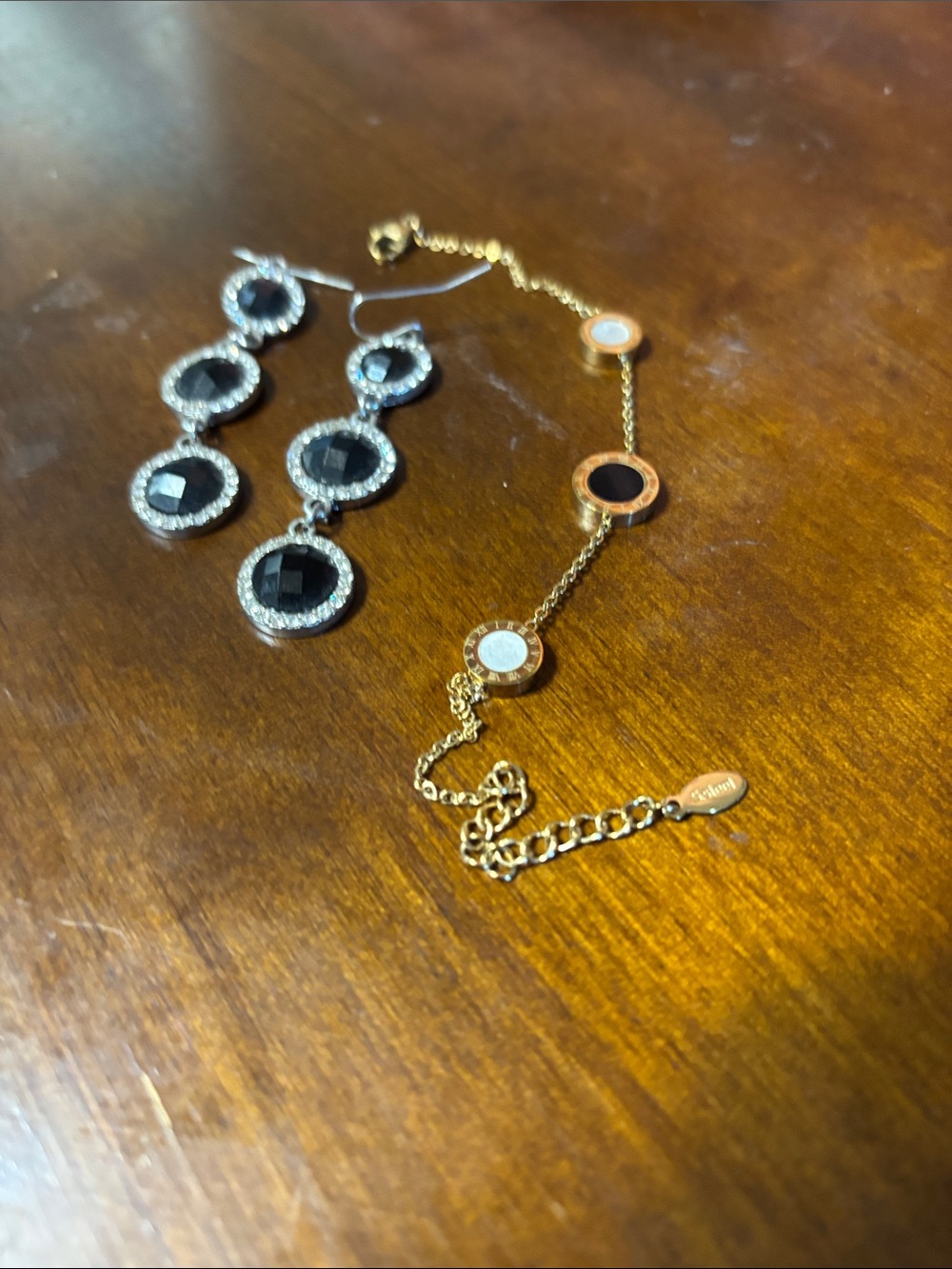 Gold-Tone Bracelet with Black and White Discs & Black Crystal Drop Earrings